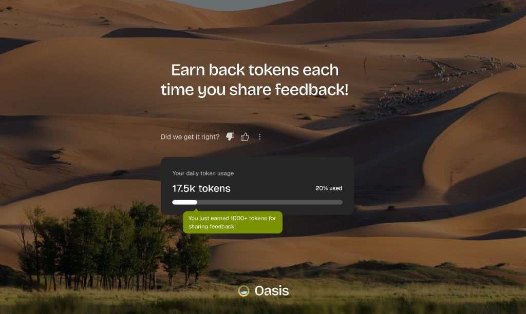 Oasis assistant: thumbs feedback on a reply and a banner showing you earned 1,000+ bonus tokens for today